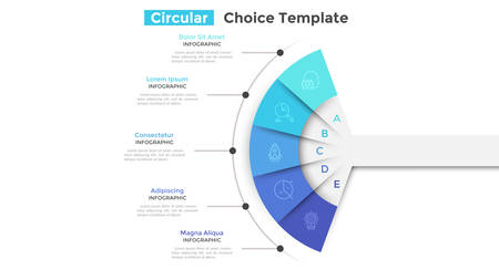 Fan chart divided into 5 parts or pieces. Concept of five business features or options to choose. Simple infographic design template. Modern flat vector illustration for website, presentation.のイラスト素材