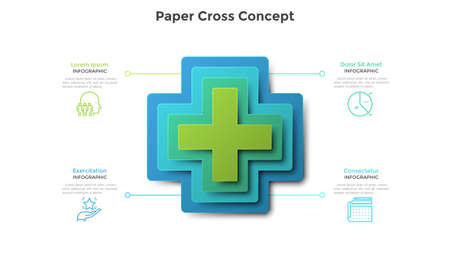 Cross-like chart made of four colorful paper elements placed one on another. Concept of 4 features of healthcare, medical care. Futuristic infographic design template. Realistic vector illustration.のイラスト素材