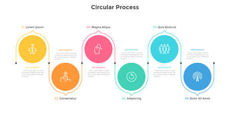 Process chart with six colorful circular elements and arrows or pointers. Concept of 6 stages of business development. Flat infographic design template. Vector illustration for progress bar.のイラスト素材
