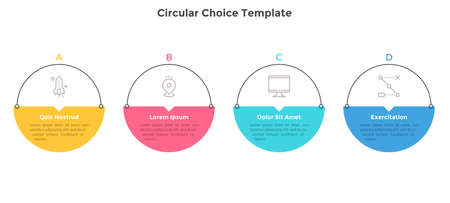 Four colorful circular elements placed in horizontal row. Concept of 4 options of business development. Simple infographic design template. Vector illustration for presentation, analytics report.のイラスト素材