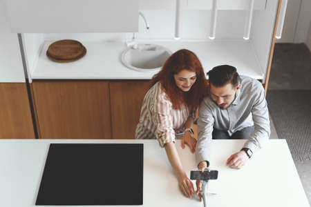 Top view of business couple negotiate with clients onlineの写真素材