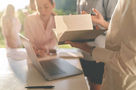 Cropped portrait of business people at meetingの写真素材