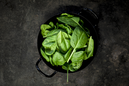 Baby spinach sheets on black backgroundの写真素材