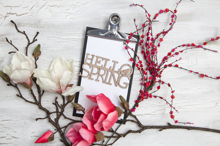 hello spring background with flowersの写真素材