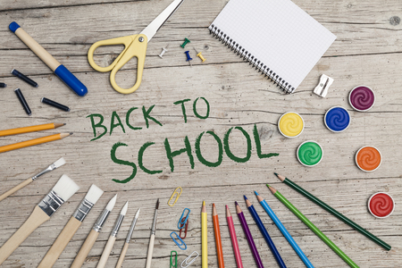school accessories on a wooden backgroundの写真素材