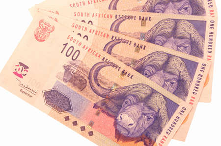 One hundred rand banknotes second largest bill from South Africa.の写真素材