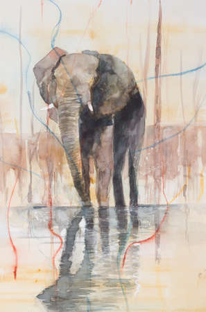 Original watercolour, elephant standing in a lake.の写真素材