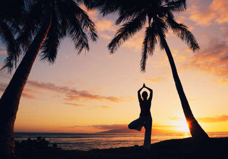 Silhouette of a Beautiful Yoga Woman at Sunsetの写真素材