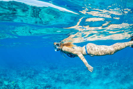 Beautiful Woman Snorkeling in Tropical Oceanの写真素材
