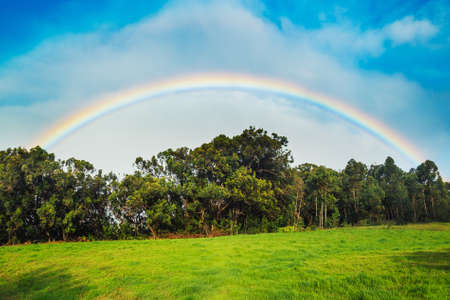 Rainbow over Beautiful Green Field and Blue Skyの写真素材