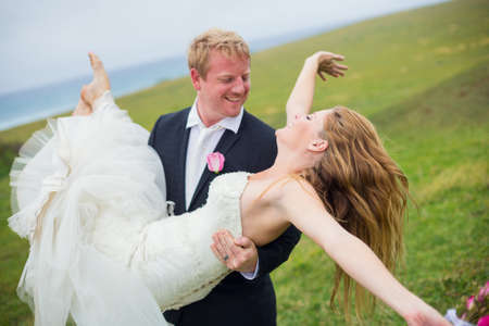 Wedding Couple, Happy Bride and Groom, Shallow depth of field, focus on bride