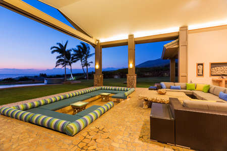 Beautiful Luxury Home, Exterior Patio Lounge at Sunset