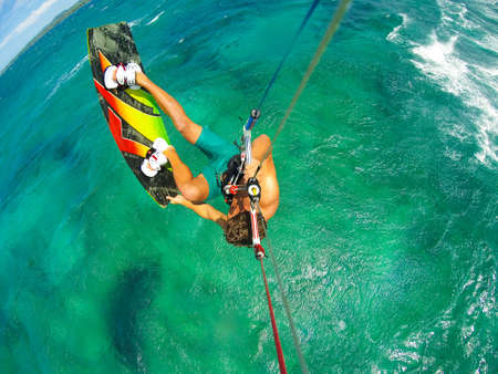 Kite Boarding. Fun in the ocean, Extreme Sport. POV View from Action Camera.