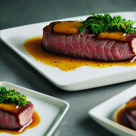 Delicious Grilled Sliced Beef Steak dinner with Tomato and Sauce, 3d representationの写真素材