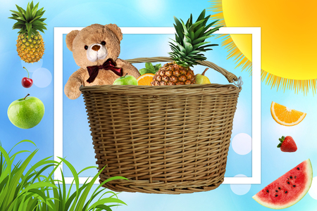 Picnic on a Sunny summer day, the picnic basket is filled with fruit. Daisies and the sun in the company of a Teddy bear on vacation. Toy and fruit in the basketの写真素材