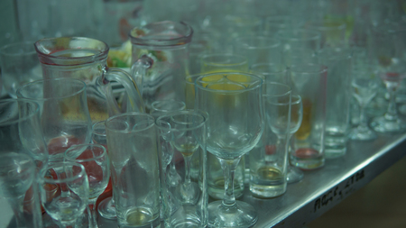Lots of dirty dishes, after co-op or banquets. The concept of dirty cuisine in the restaurant.の写真素材