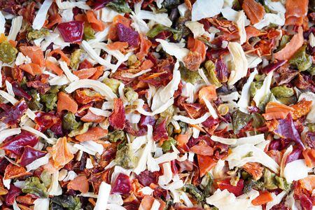 Dried vegetables or soup vegetables background. Natural seasoning texture. Natural spices and food ingredients.の写真素材