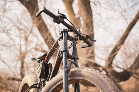 Close-up of bicycle with large wheels in countryside. Mountain bike stands on ground in sunny...