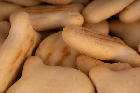 Texture of salted crackers. Close up of cookies in form of fish. Concept of background for your text.の写真素材