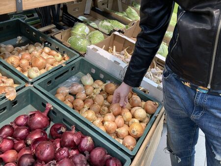 Man choosing onion in store. Close up of mans hand looking for good vegetables on store counter.の写真素材