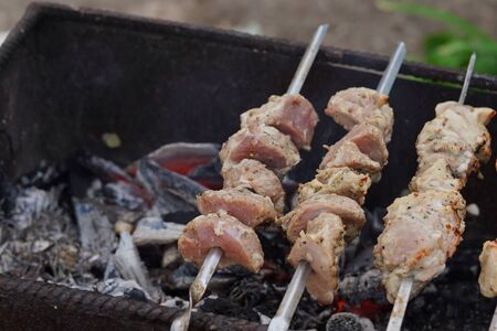 Close up of toasted shashlik on skewers. Succulent barbecue roasting on chargrill.の写真素材