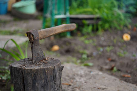 Close up of axe sticked in stump. Heavy instrument for chopping wood.の写真素材