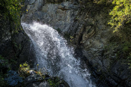 Amazing waterfall in forest in summer. Spectacular scenery of fast waterfall flowing down into river...
