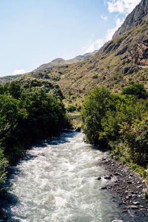 Close up of waterway flowing in mountainous area. Mountain river flows through stones in wooded area in summertimeの写真素材