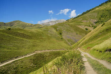 Scenic landscape of mountains in summer. Majestic scenery of highland valley with green meadows...