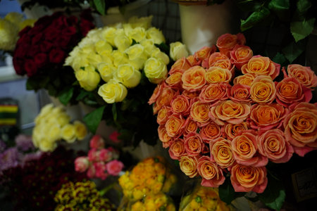 Bouquets of various flowers on counter. Fresh beautiful flowers in florist shopの写真素材