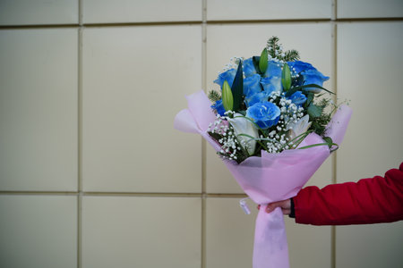 Close up of womans hand holds colorful bouquet of flowers. Unrecognizable female holding flower composition of blue roses and white lilies in wrapping paper.の写真素材