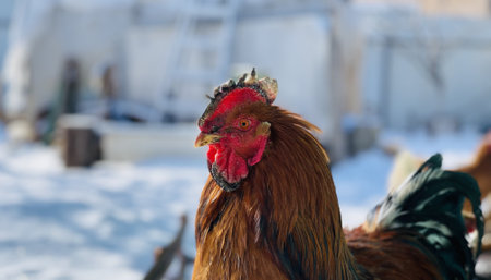 Close-up of a rooster walking in the yard in winter