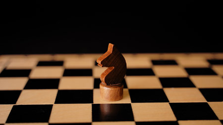 Close up of black chess piece on board. Wooden figure of knight on chessboard on black background. Concept of intelligent, logical and strategic gameの写真素材
