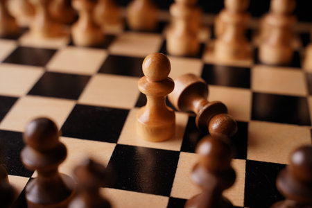 Close-up of chess on a black background. Wooden chess pieces. Concept: the Board game and the intellectual activities.の写真素材