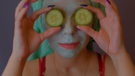 Young woman with towel on head and mask on face hiding her eyes behind cucumbers and showing them. Lady courting of her face with facial cosmetic mask and fresh vegetables.の写真素材