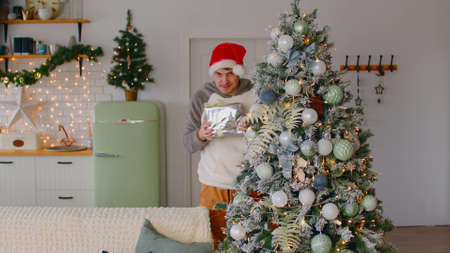 Man with gift box hiding behind Christmas tree. Young male in Santa hat looking out from festive decorated tree, showing christmas gift and reaching out wrapped gift tied with ribbon.の写真素材
