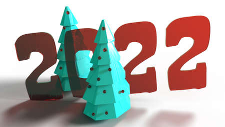 Christmas tree and 2022 shaped decor. Red glass 2022 decor with decorative Christmas tree with...