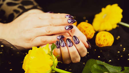 Adult womans hands with purple manicure on black background. Crop unrecognizable person with design on nails. Concept of care and beauty.の写真素材