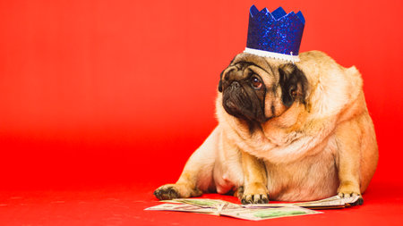 Cute dog with crown on head sitting with dollar bills. Business pug with blue crown and money on red backgroundの写真素材