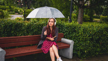 Young beautiful woman in headphones with transparent umbrella reading book, sitting on bench in city park in rain. Relaxed secluded female relaxing with book, music sheltering with umbrella from rain.の写真素材