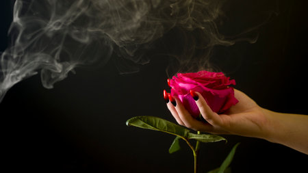 Pink rose in woman's hand with manicure on black background with dissipating steamの写真素材