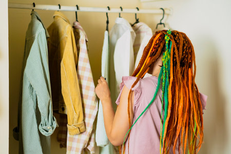 Woman with bright dreadlocks choosing clothes in dressing room. Modern light women's dressing room...