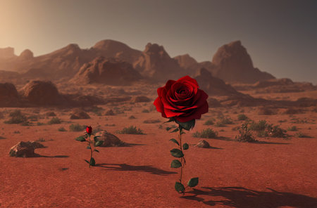 A red rose is in the desert in the background and a desert landscape with rocks.の素材