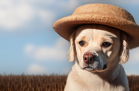 Cute farmer dog in a straw hat on a farm on a sunny summer dayの素材