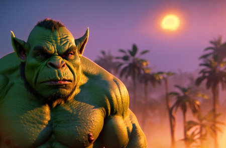 Portrait of a big, muscular green orgの素材