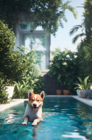 Happy dog in the pool. Charming pet swimming in swimming pool in sunny weather. Generative AIの素材