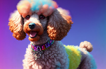 Cute poodle on bright multicolored background. Portrait of charming dog with curly fur. Generative AIの素材
