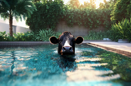 Cute cow in the pool. Charming large animal swimming in swimming pool in sunny weather. Generative AIの素材