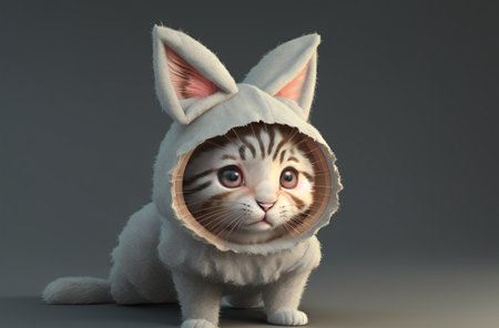 Cute kitty in hare costume. Little cat in clothes. Generative AIの素材