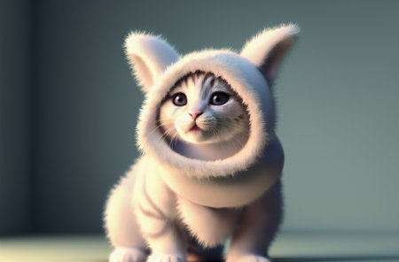 Cute kitty in hare costume. Little cat in clothes. Generative AIの素材